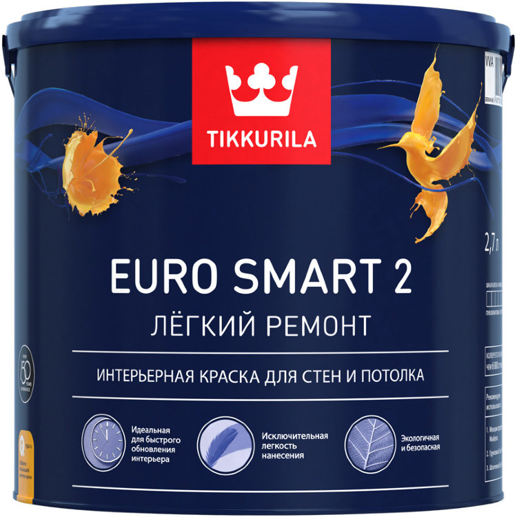 Tikkurila Euro Smart 2 / Евро Смарт 2 интерьерная краска для стен и потолков